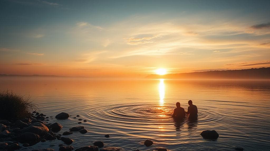 A serene depiction of a riverbank baptism at dawn, symbolizing spiritual rebirth and the journey of faith.