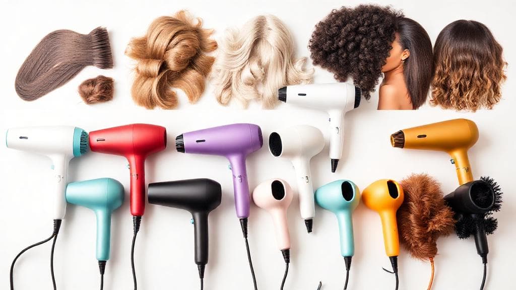 A sleek lineup of modern hair dryers in various colors and styles arranged on a clean surface, with diverse hair types and textures showcased in the background.
