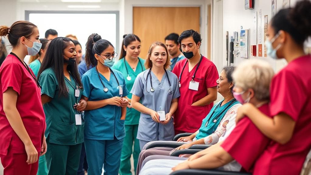 A diverse group of medical assistants in scrubs, actively engaging with patients and healthcare professionals in a clinical setting.