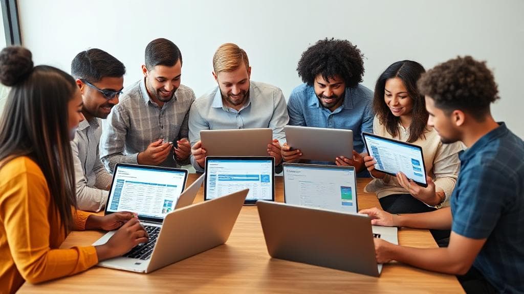 A diverse group of small business owners collaborating over laptops and tablets, showcasing various free accounting software interfaces.