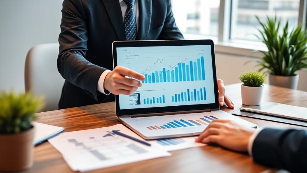 A professional office setting with a project manager reviewing charts and graphs on a laptop, symbolizing financial success and career growth.
