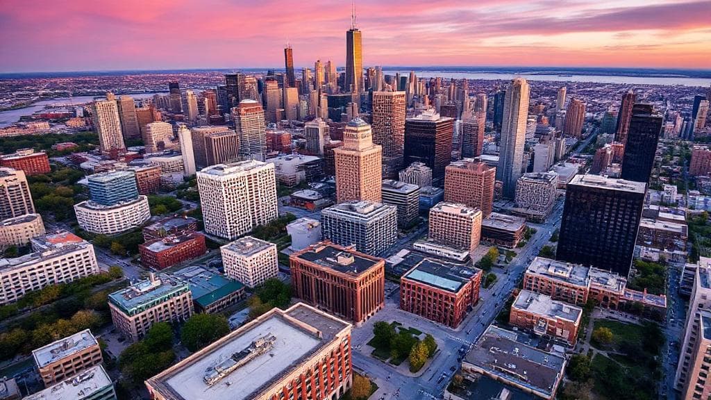A vibrant aerial view of DePaul University's Chicago campuses, highlighting the urban landscape and iconic city skyline.