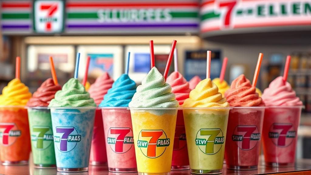 A vibrant image of a diverse array of colorful, quirky cups filled with Slurpees, set against the backdrop of a bustling 7-Eleven store.