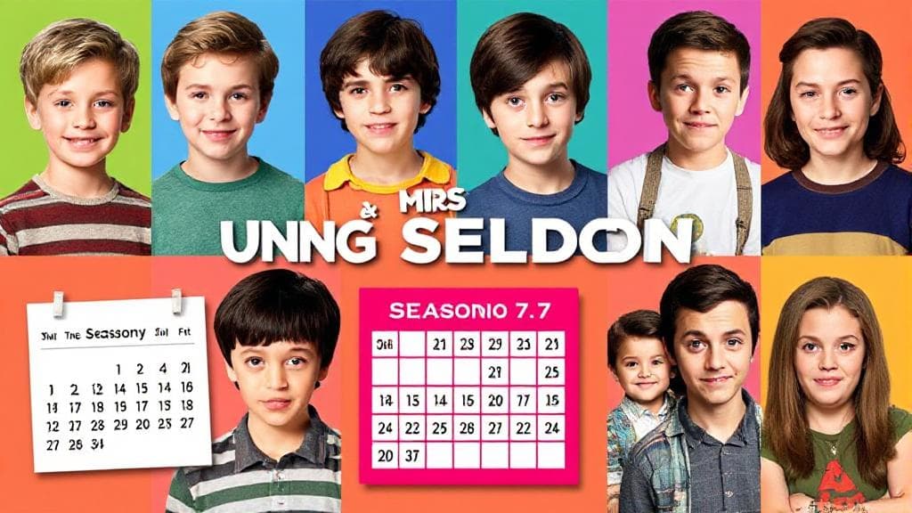 A vibrant collage featuring the young cast of "Young Sheldon" with a calendar marked for Season 7's release date.