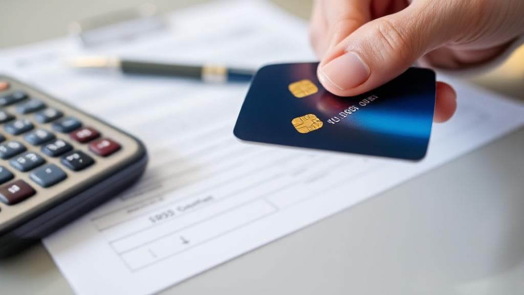 A close-up image of a credit card being used at a financial service counter, with a money order form and pen in the background.
