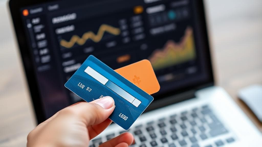 A close-up image of a person holding two credit cards, with a laptop displaying a financial dashboard in the background.