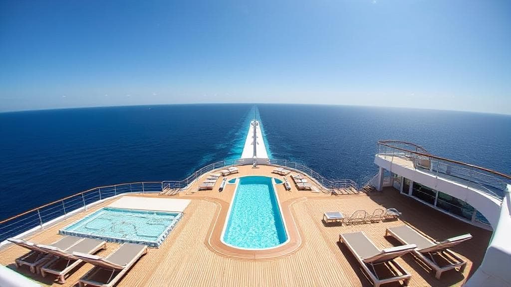 A panoramic view of a luxurious cruise ship deck, showcasing sun loungers, a sparkling pool, and the vast ocean horizon under a clear blue sky.