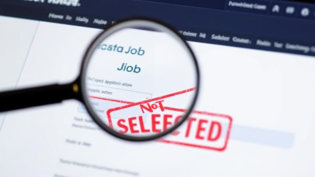 A magnifying glass hovers over a digital job application with a "Not Selected" stamp, symbolizing the job search process on Indeed.