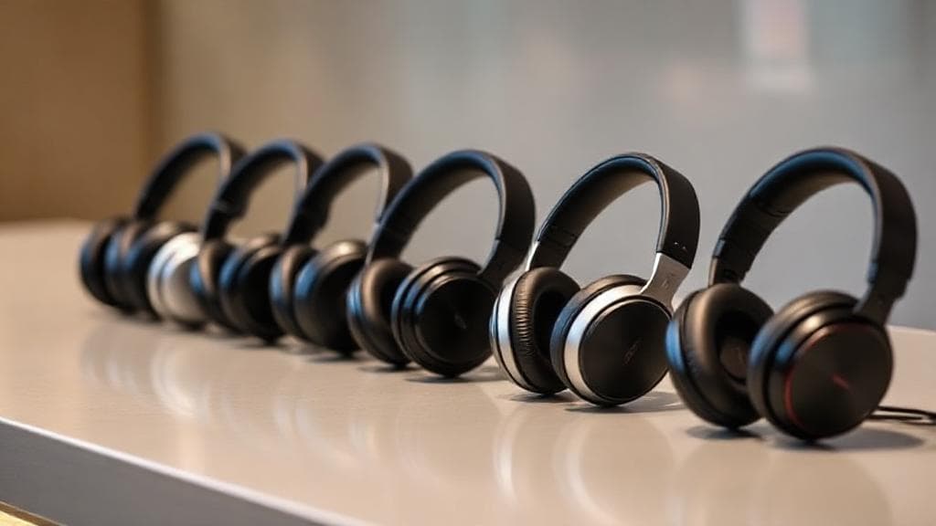 A sleek lineup of the latest noise cancelling headphones displayed on a modern surface, with soft lighting highlighting their premium designs.