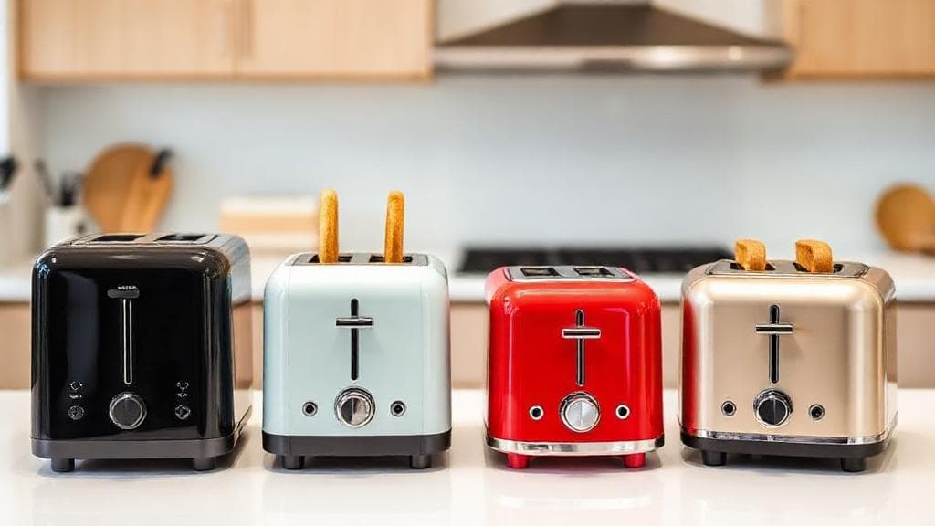 A sleek lineup of modern toasters in various colors and styles displayed on a bright kitchen countertop.