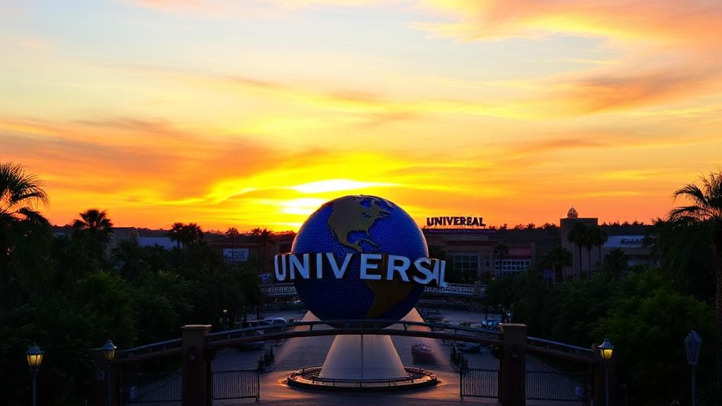 A vibrant sunset over Universal Studios with the park's iconic globe and entrance gates in the foreground.