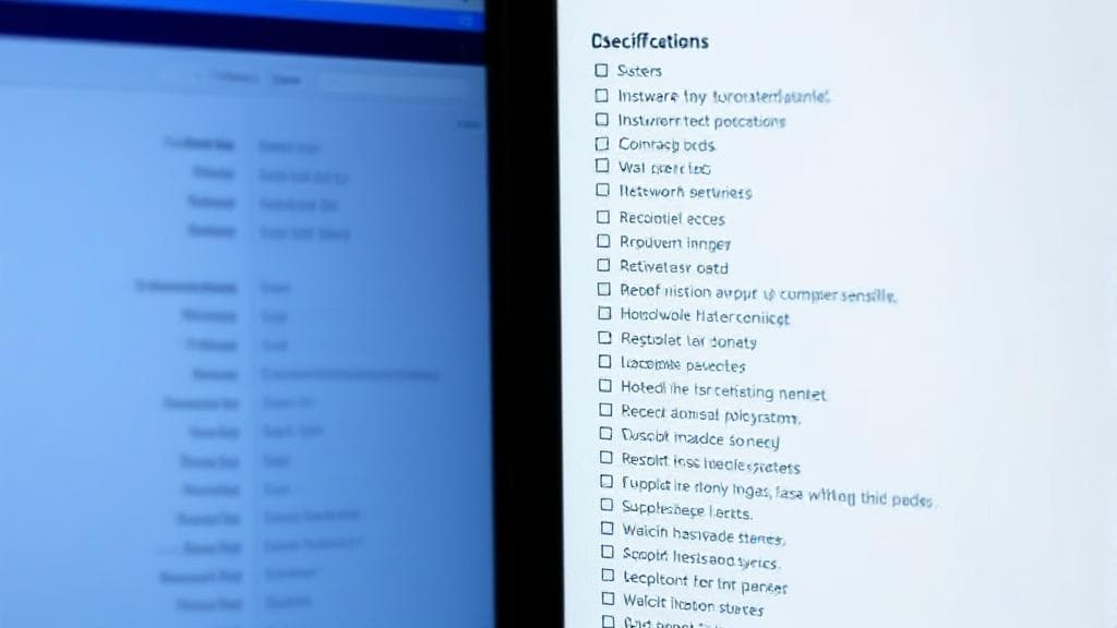 A close-up of a computer screen displaying system specifications alongside a checklist of software requirements.