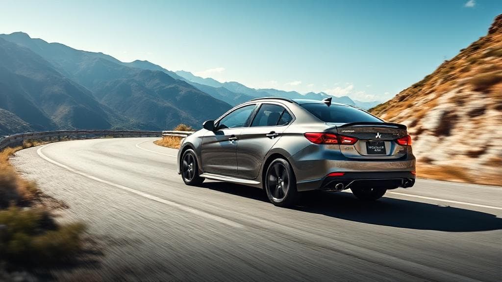 A sleek Mitsubishi car navigating a scenic mountain road, symbolizing reliability and adventure.