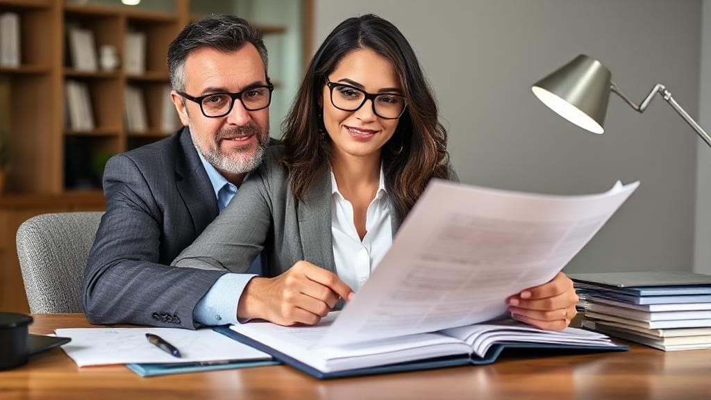 A confident business owner reviews financial documents at a desk, symbolizing preparedness for securing a small business loan.