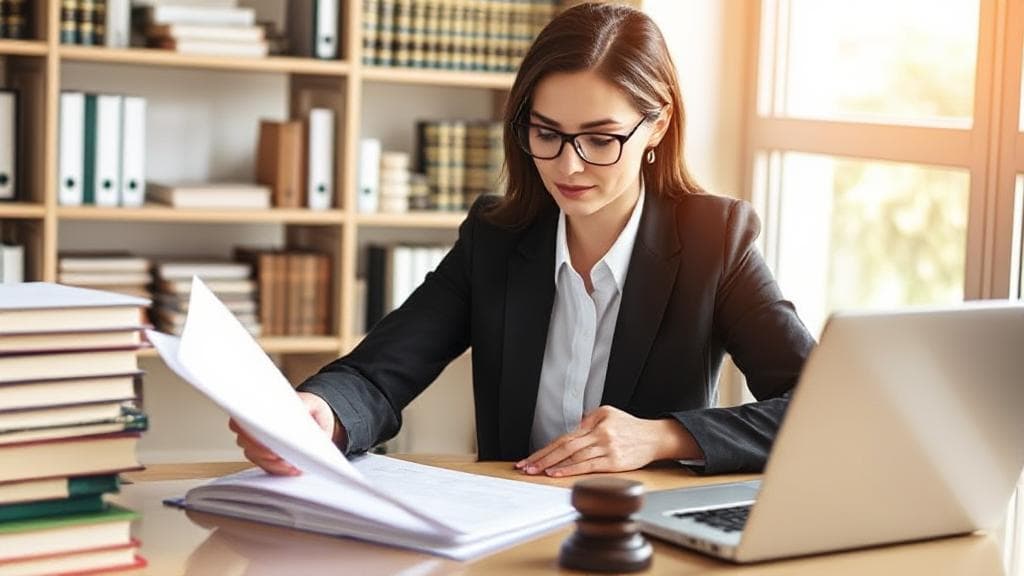 A professional paralegal reviewing legal documents at a desk, surrounded by law books and a laptop, symbolizing career and earnings potential.