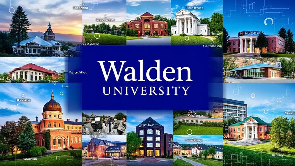 A vibrant collage showcasing Walden University's diverse campus locations alongside digital elements representing its robust online presence.
