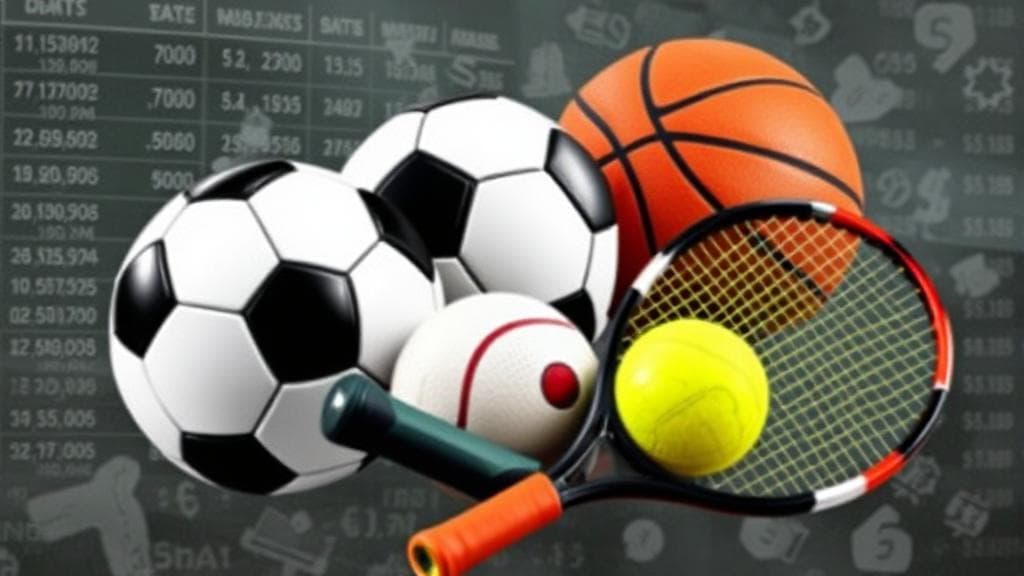 A dynamic collage of various sports equipment, including a football, basketball, and tennis racket, set against a backdrop of betting odds and currency symbols.