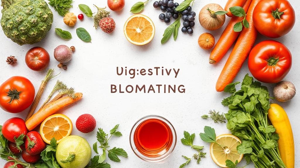A vibrant assortment of fresh fruits, vegetables, and herbal teas arranged on a light background, symbolizing healthy digestion and relief from bloating.