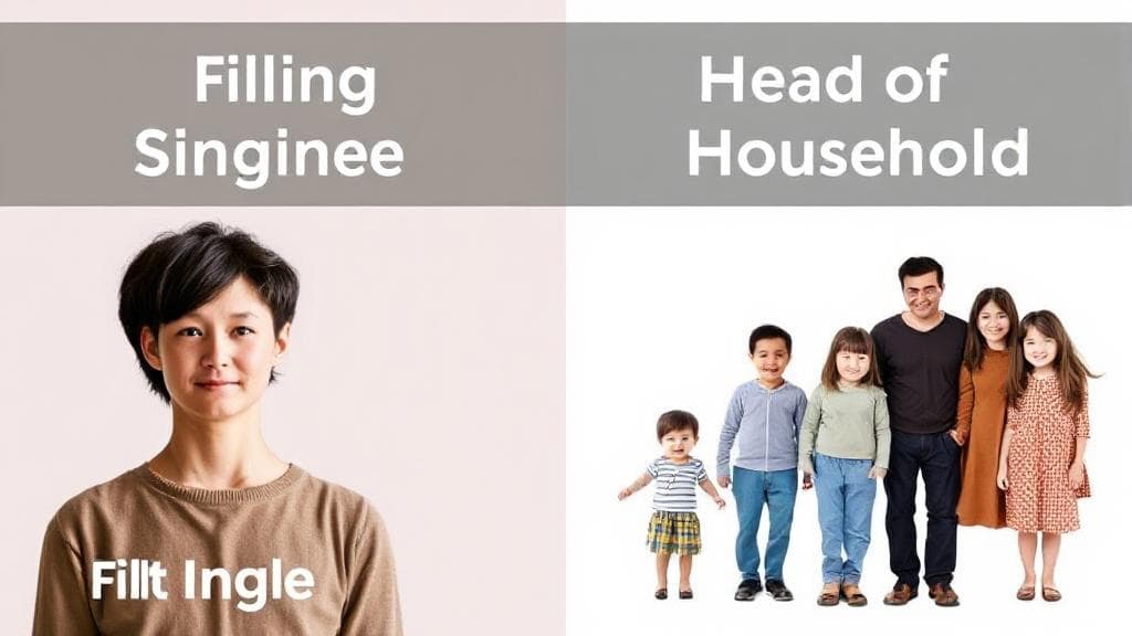A split image depicting a single person on one side and a family on the other, symbolizing the choice between filing as single or head of household.