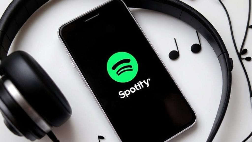 A smartphone displaying the Spotify app with a download icon, surrounded by musical notes and headphones.