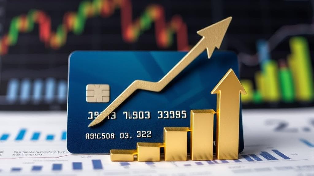 A credit card with an upward arrow symbolizing an increase, set against a backdrop of financial charts and graphs.