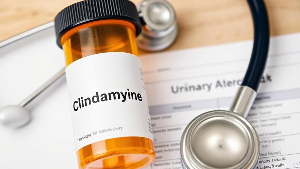 A close-up image of a prescription bottle labeled "Clindamycin" alongside a stethoscope and a medical chart focused on urinary health.