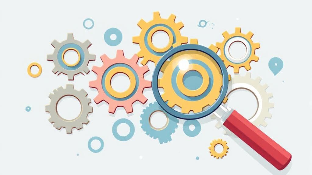 A dynamic illustration depicting interconnected gears and magnifying glasses, symbolizing the systematic and detailed nature of an effective incident investigation program.