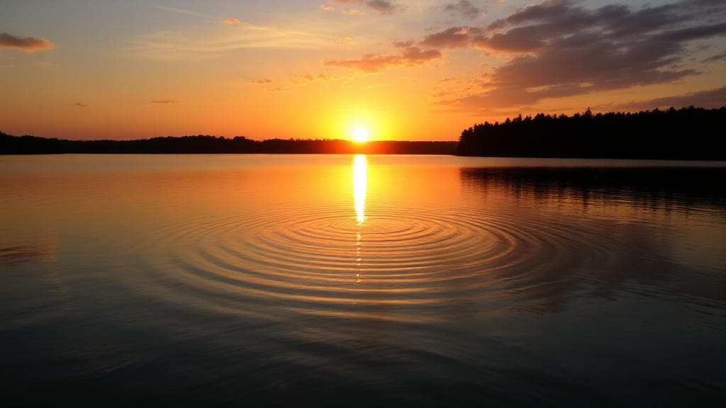 A serene sunset over a tranquil lake, symbolizing the cycle of life and the passage of time.
