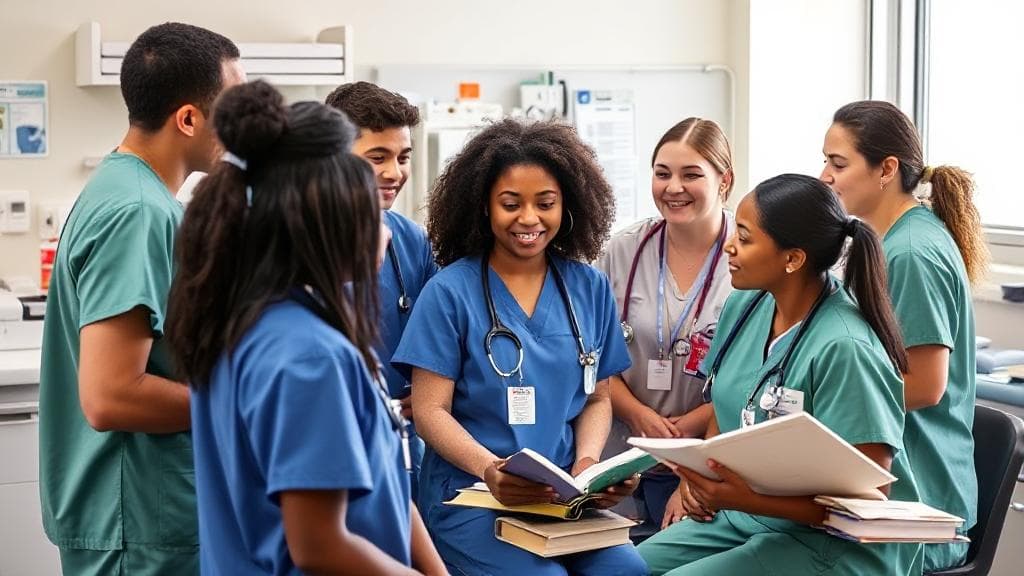 A diverse group of nursing students engaged in a lively discussion, surrounded by medical textbooks and equipment, symbolizing the foundational knowledge required for a nursing degree.