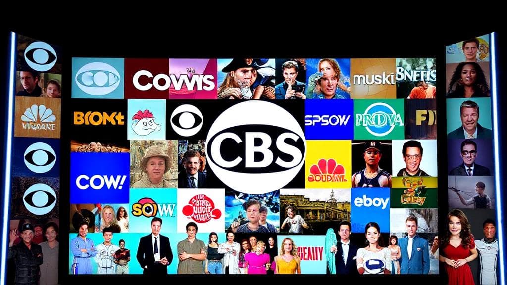 A vibrant collage of popular CBS show logos and characters set against a glowing TV screen backdrop.
