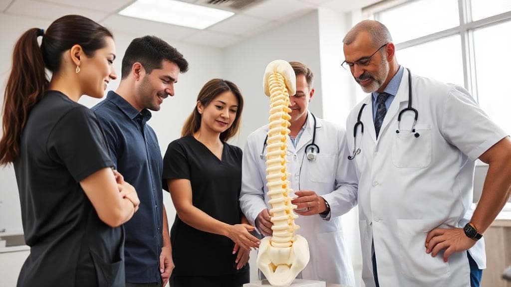 A diverse group of healthcare professionals, including a chiropractor, physical therapist, and orthopedic doctor, collaboratively examining a spine model in a bright, modern clinic setting.