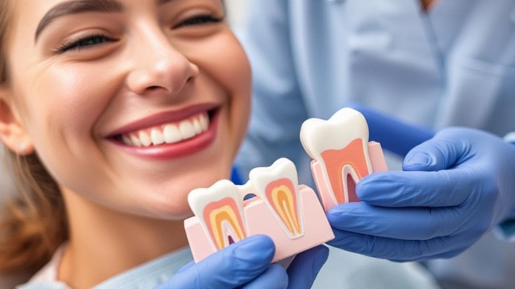 A close-up of a smiling patient in a dental chair, with a dentist holding a model of a tooth to explain the root canal recovery process.