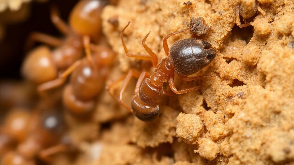 A close-up image of a termite colony showcasing the distinct features and characteristics of worker and soldier termites.