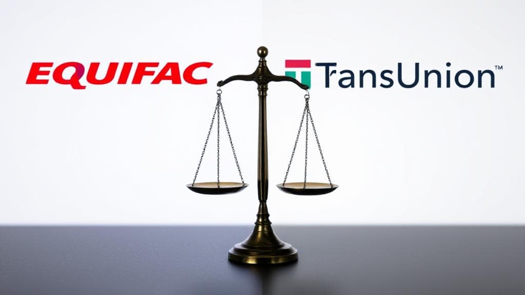 A split image featuring the logos of Equifax and TransUnion, with a scale balancing credit scores in the center.