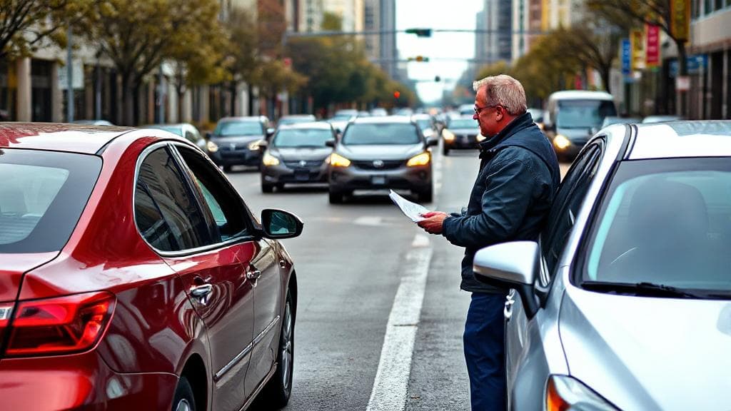 A concerned driver exchanges information with another motorist beside two slightly damaged cars on a busy city street.