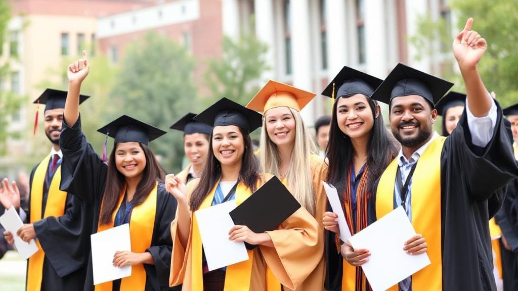 A diverse group of students in graduation caps and gowns celebrating with diplomas in hand against a backdrop of a university campus.