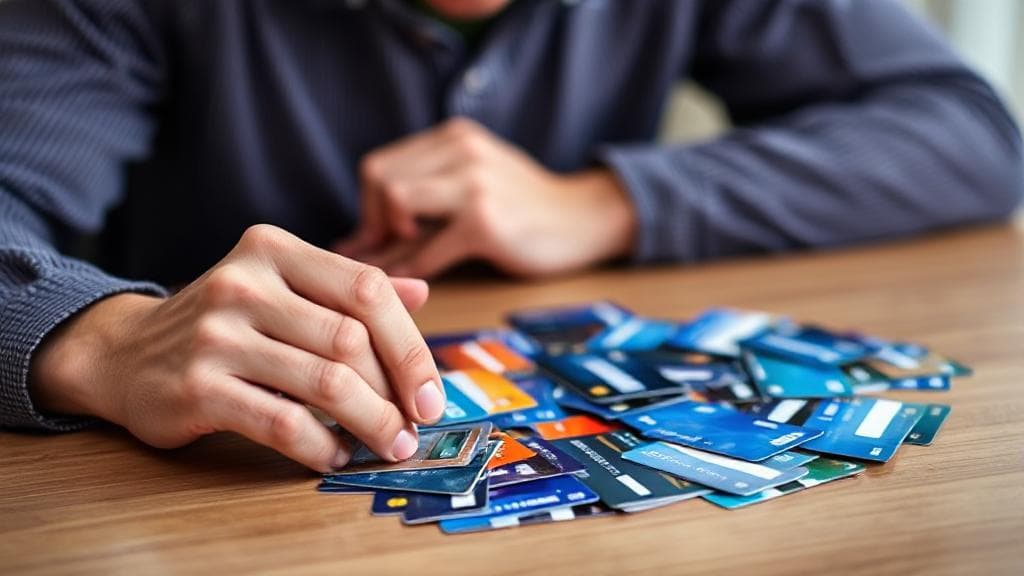 A person thoughtfully examining multiple debit cards spread out on a table, symbolizing the decision-making process for financial management.