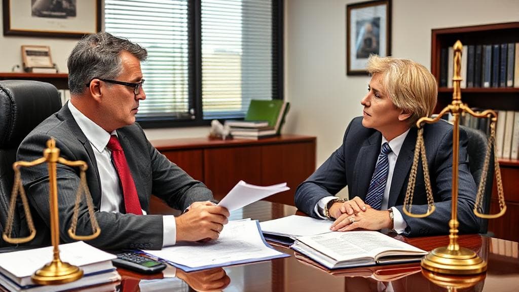 A concerned driver consults with a professional attorney in an office setting, surrounded by legal documents and a scale of justice.