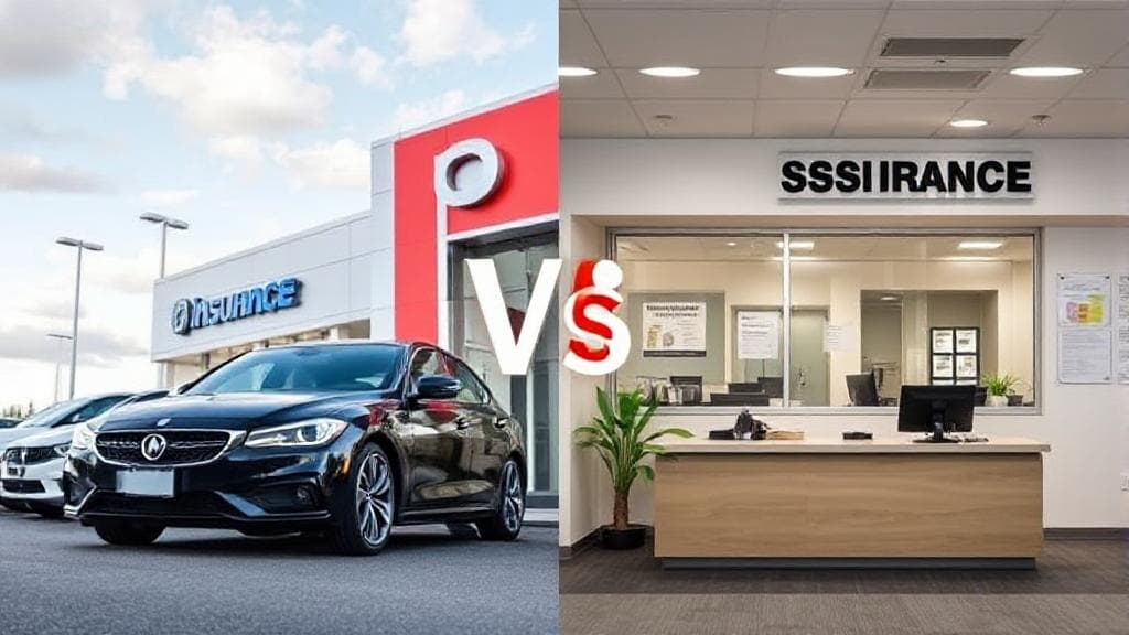 A split image showing a car dealership on one side and an insurance office on the other, symbolizing the choice between dealer and insurance company for gap insurance.