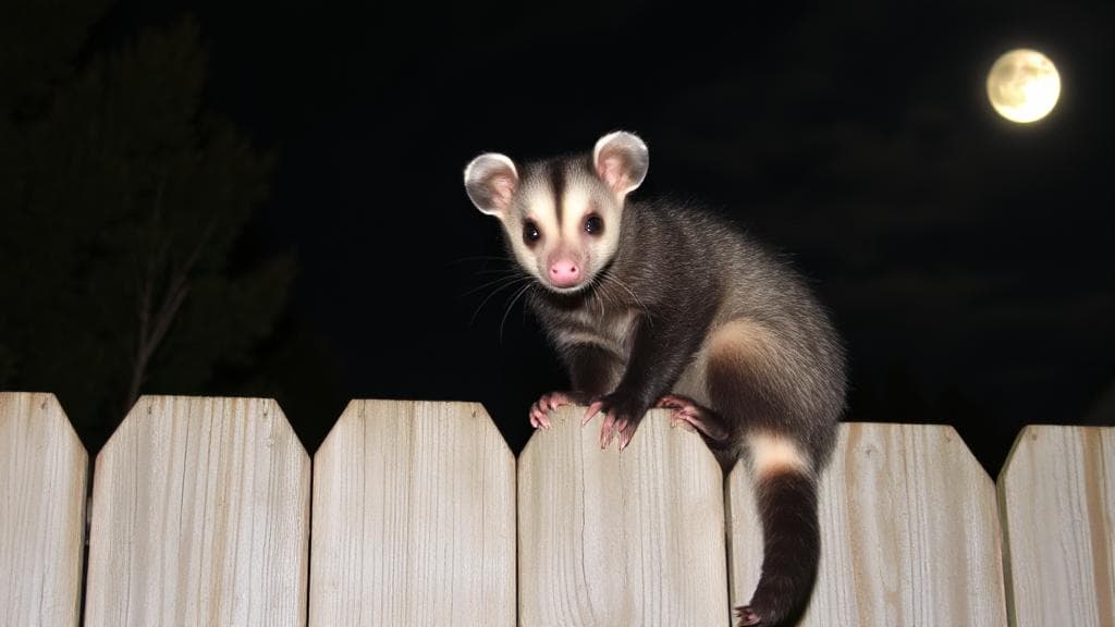 A curious opossum perched on a backyard fence under a moonlit sky, highlighting its non-threatening nature.
