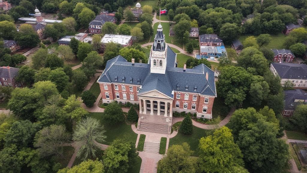 Aerial view of Penn State University's iconic Old Main building surrounded by lush greenery and campus pathways.
