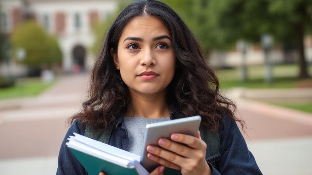 A thoughtful student holding a calculator and a stack of loan documents, contemplating financial decisions against a backdrop of a university campus.