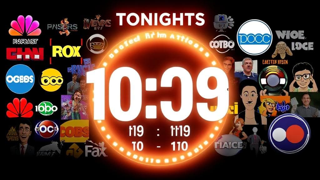 A vibrant collage of popular TV show logos and characters set against a glowing backdrop of a digital clock displaying tonight's primetime hours.