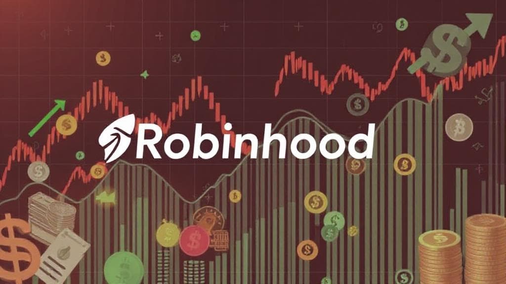 A dynamic illustration of financial graphs and stock market symbols overlaying the Robinhood logo, symbolizing the company's revenue-generating strategies.