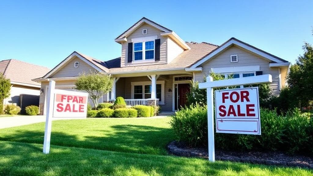 A welcoming suburban home with a "For Sale" sign in the front yard, surrounded by lush greenery and a clear blue sky.