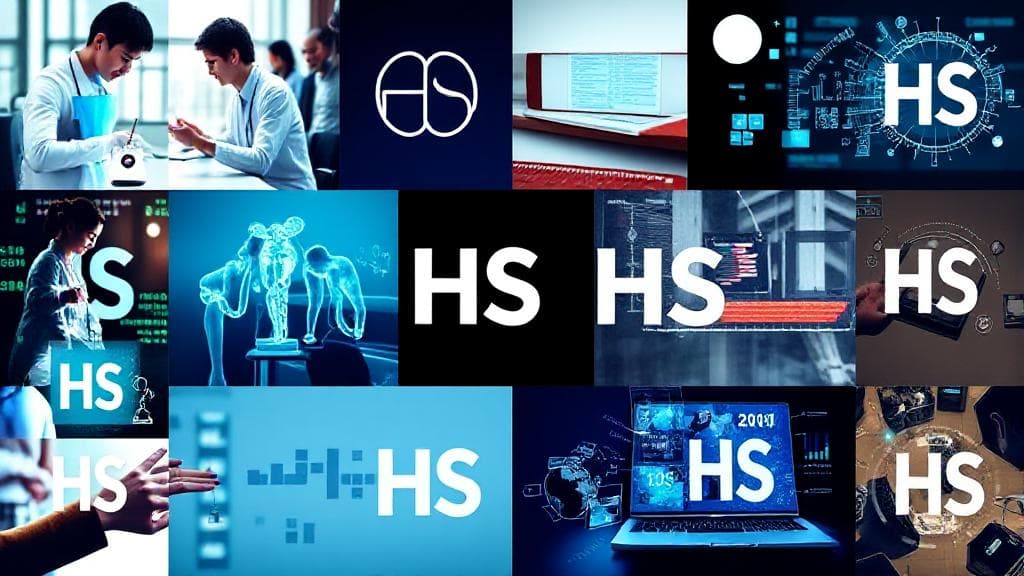 A collage of various contexts such as healthcare, education, and technology, each featuring the letters "HS" prominently.