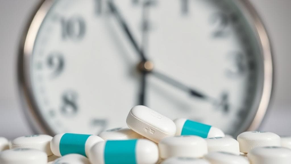 A close-up image of a clock with Paxlovid pills in the foreground, symbolizing the onset of the medication's effects.