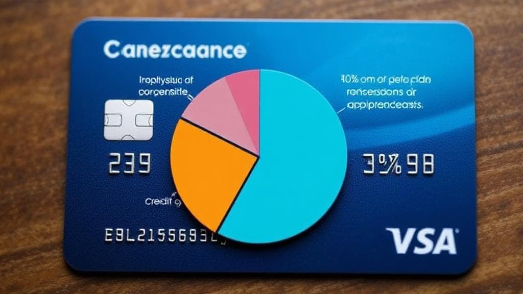 A credit card with a pie chart overlay illustrating optimal credit utilization percentages.