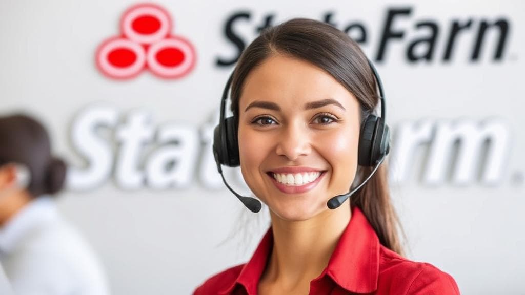 A friendly customer service representative wearing a headset, ready to assist, with the State Farm logo in the background.