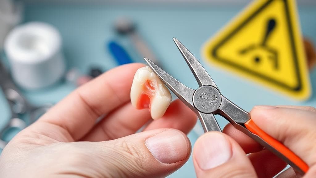 A close-up image of a hand holding a pair of pliers next to a loose tooth, set against a backdrop of dental tools and a caution sign.